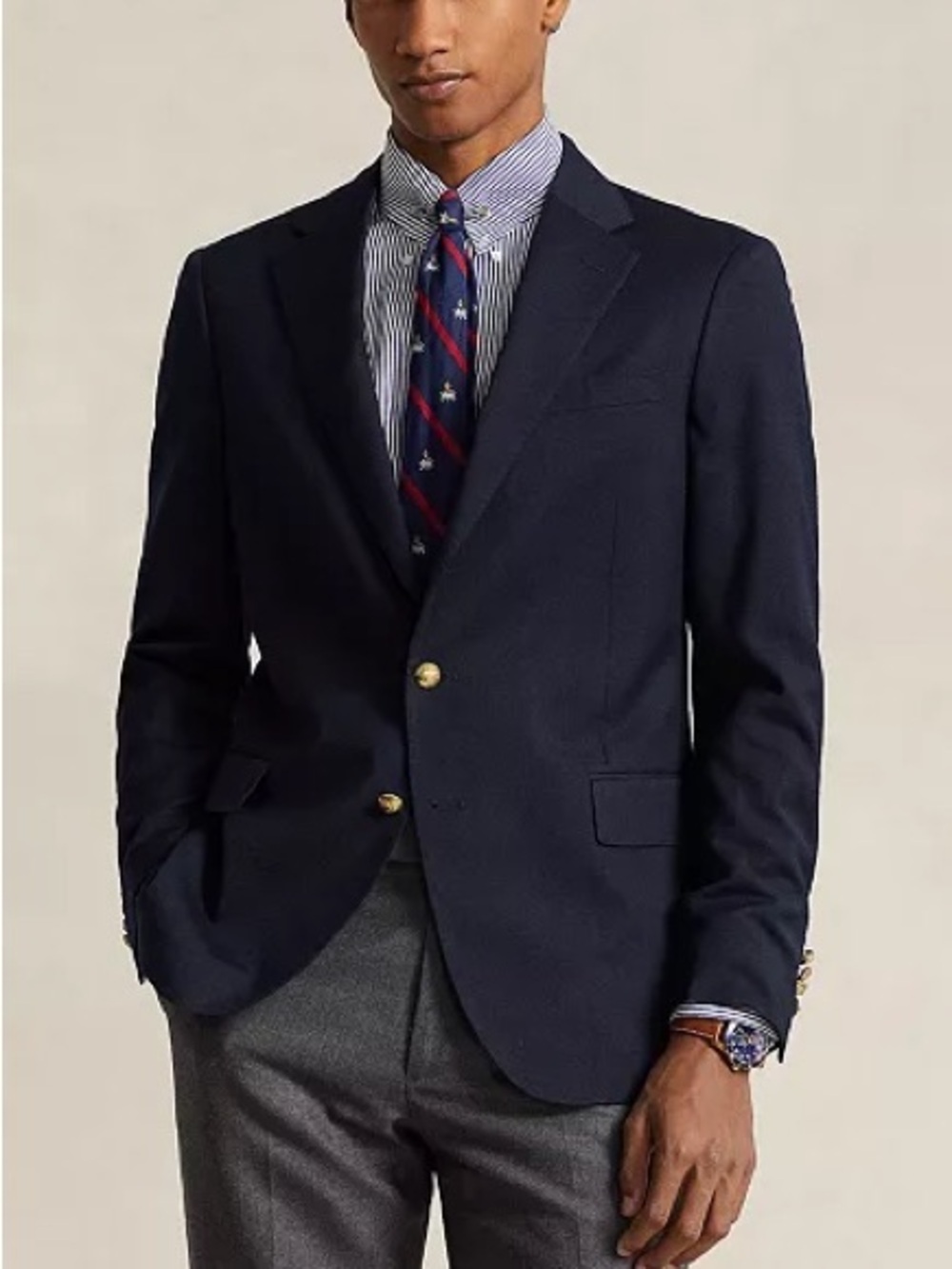 Polo Ralph Lauren Navy Two-Button Gold Wool-Blend Gabardine Blazer size 44L READ - Picture 1 of 11